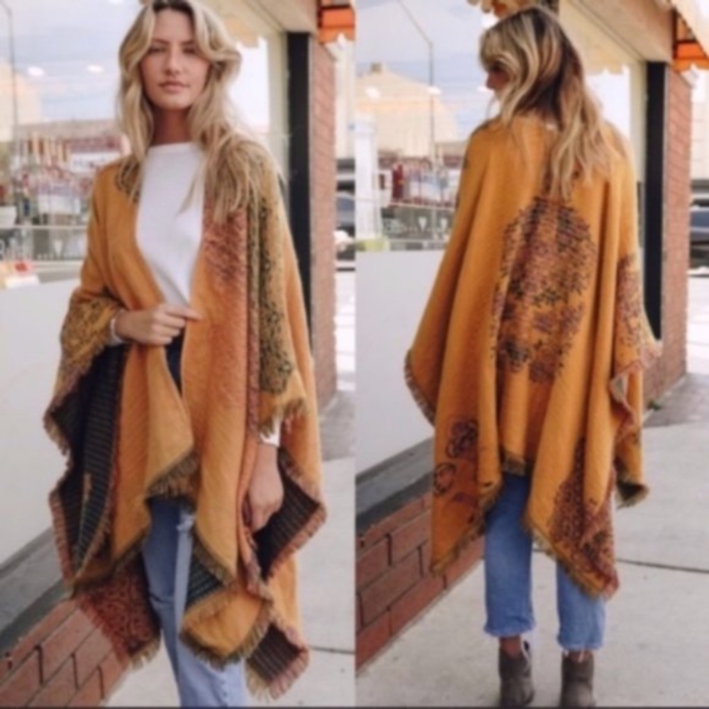 Boho mustard floral print paisley poncho kimono Shawl - Picture 2 of 6